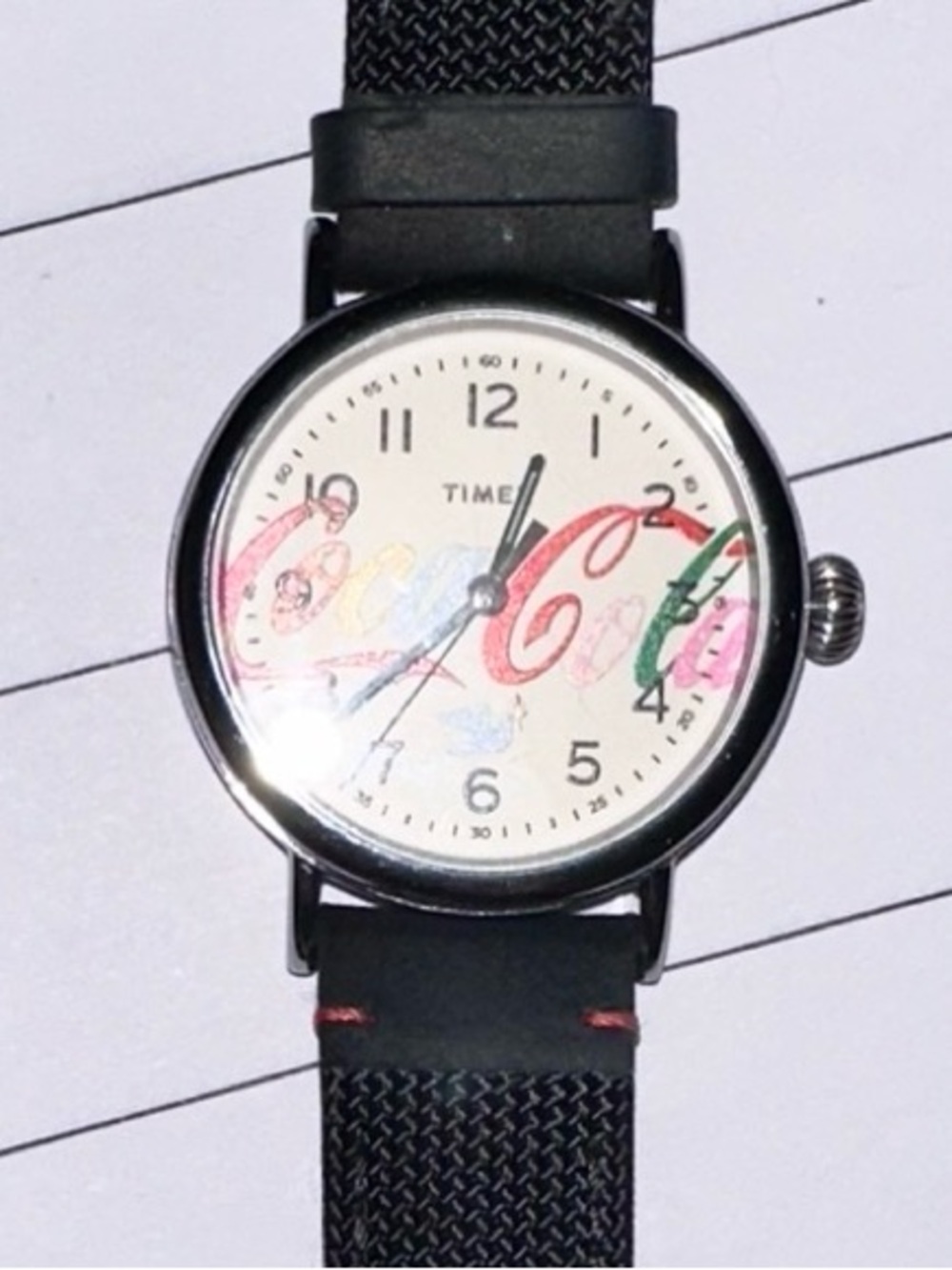 Timex White Dial Watch with Black Strap and Multicolor Dial Accents